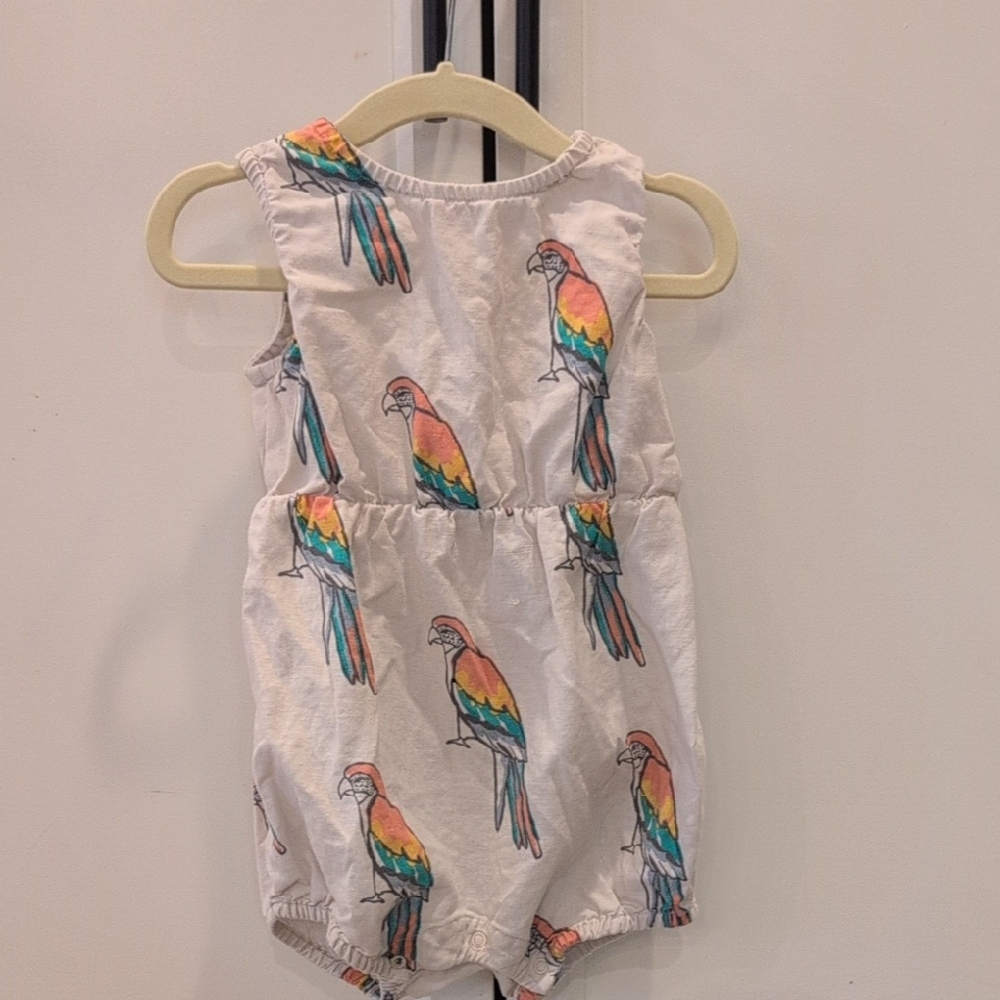 Tea Collection Parrot Print Romper Size 18-24 Mo- White and Multicolor
